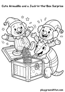 Coloring pages: Cute Armadillo and a Jack in the Box Surprise pdf