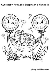 Coloring pages: Cute Baby Armadillo Sleeping in a Hammock pdf