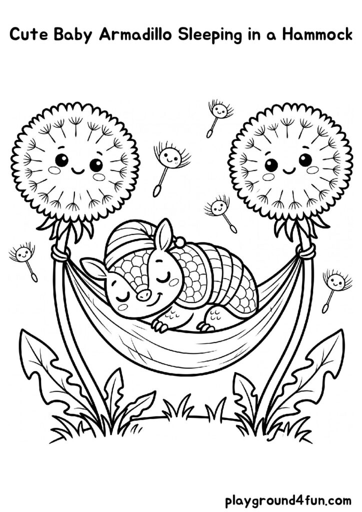 Cute Baby Armadillo Sleeping in a Hammock Coloring Pages