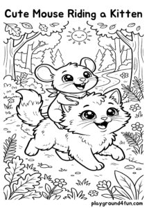 Coloring pages: Cute Mouse Riding a Kitten pdf