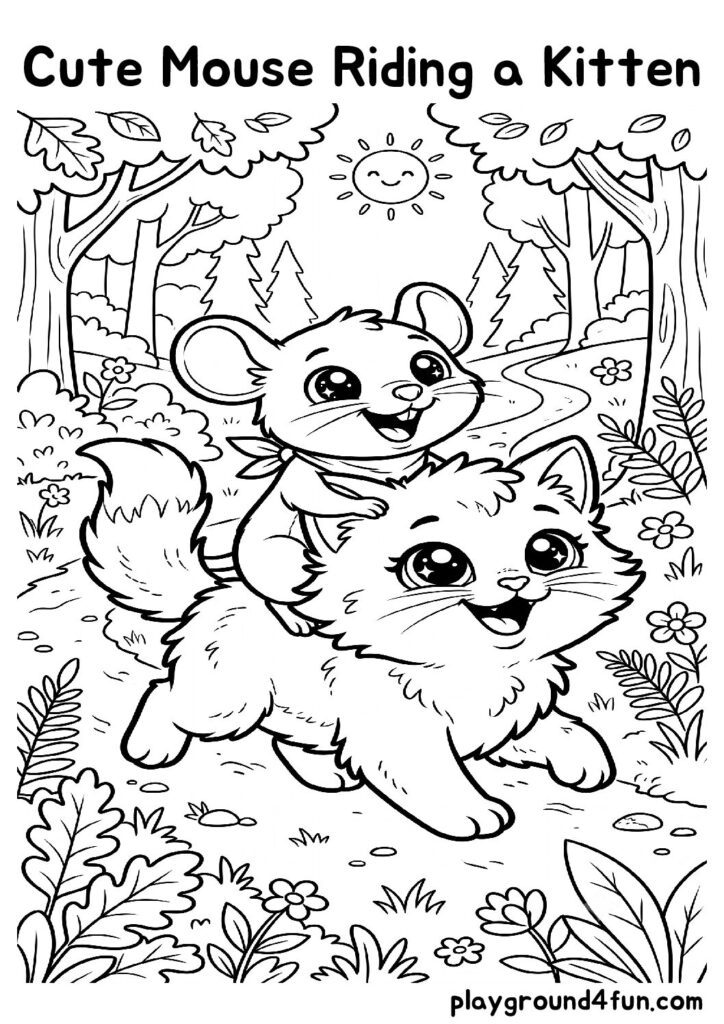 Cute Mouse Riding a Kitten Coloring Pages