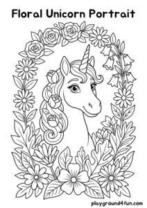 Coloring pages: Floral Unicorn Portrait pdf