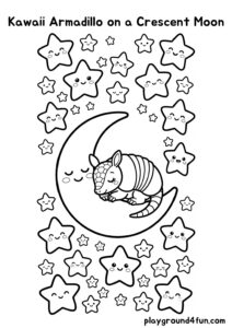 Coloring pages: Kawaii Armadillo on a Crescent Moon pdf