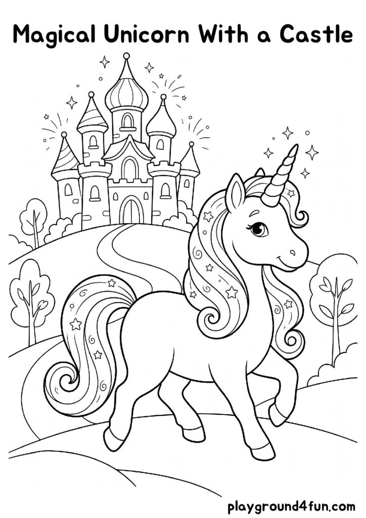 Magical Unicorn With a Castle Coloring Pages
