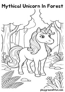 Coloring pages: Mythical Unicorn In Forest pdf