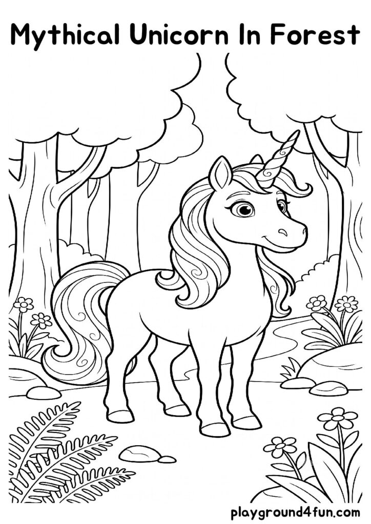Mythical Unicorn In Forest Coloring Pages