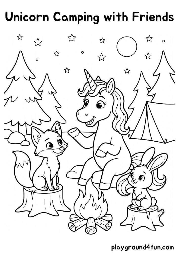 Unicorn Camping with Friends Coloring Pages