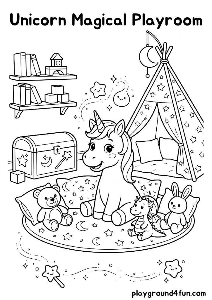 Unicorn Magical Playroom Coloring Pages