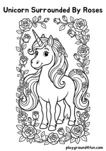 Coloring pages: Unicorn Surrounded By Roses pdf