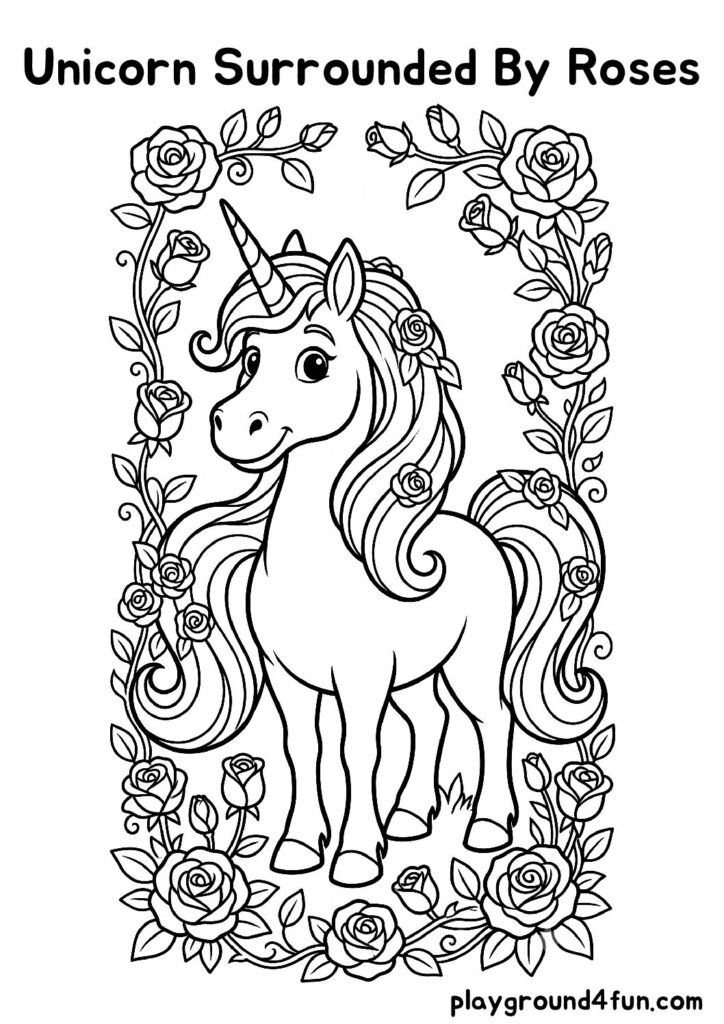 Unicorn Surrounded By Roses Coloring Pages