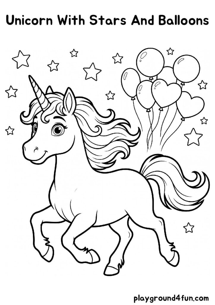 Unicorn With Stars And Balloons Coloring Pages