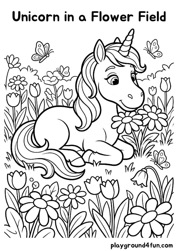 Unicorn in a Flower Field Coloring Pages
