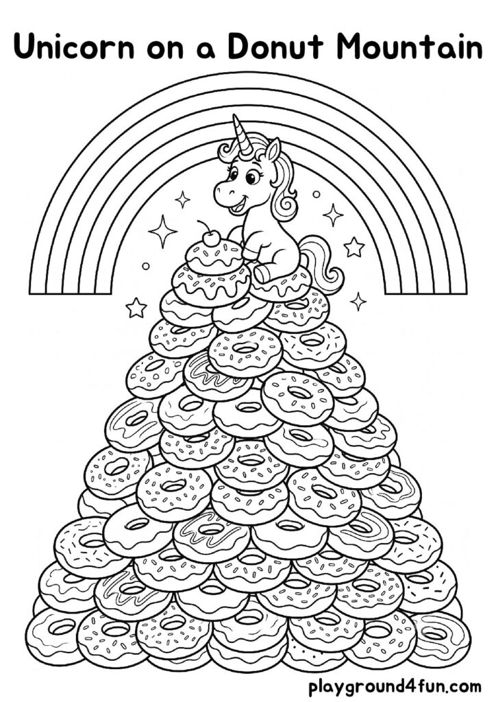 Unicorn on a Donut Mountain Coloring Pages