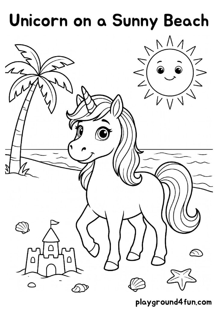 Unicorn on a Sunny Beach Coloring Pages