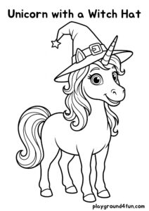 Coloring pages: Unicorn with a Witch Hat pdf