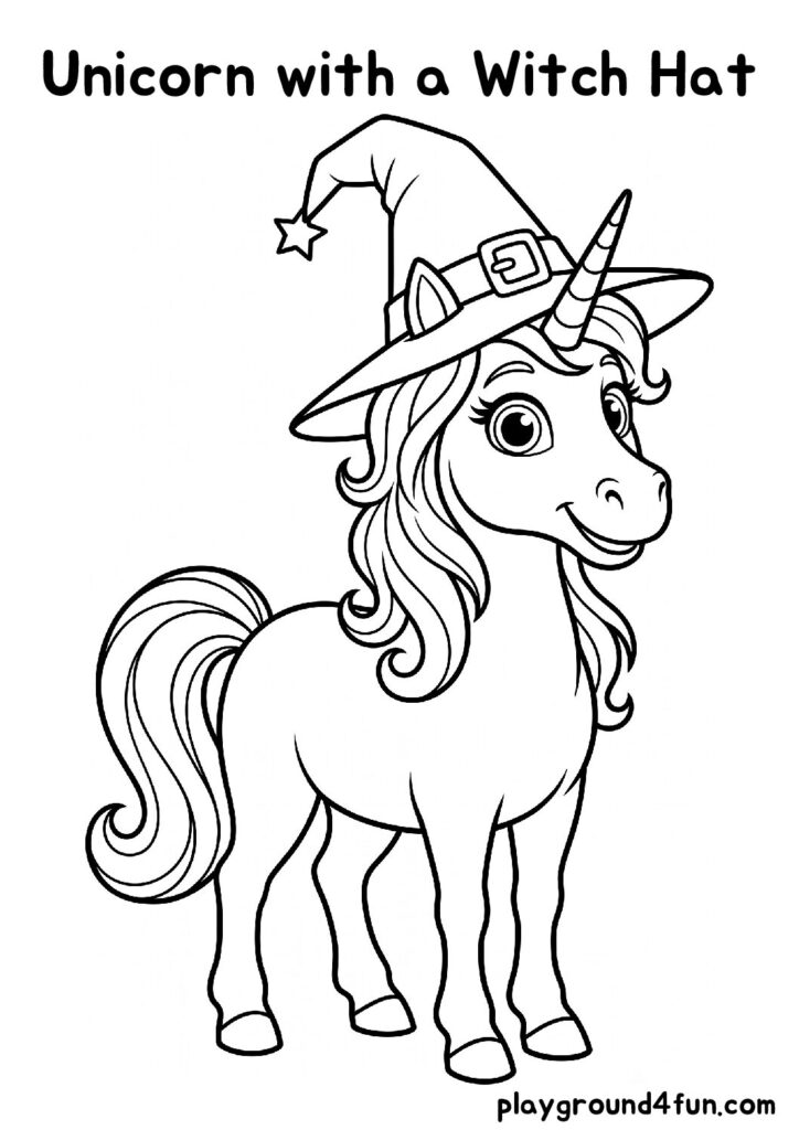 Unicorn with a Witch Hat Coloring Pages