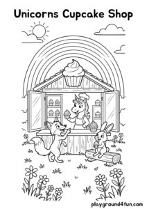 Coloring pages: Unicorns Cupcake Shop pdf
