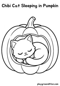 Coloring pages: Chibi Cat Sleeping in Pumpkin pdf