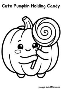Coloring pages: Cute Pumpkin Holding Candy pdf