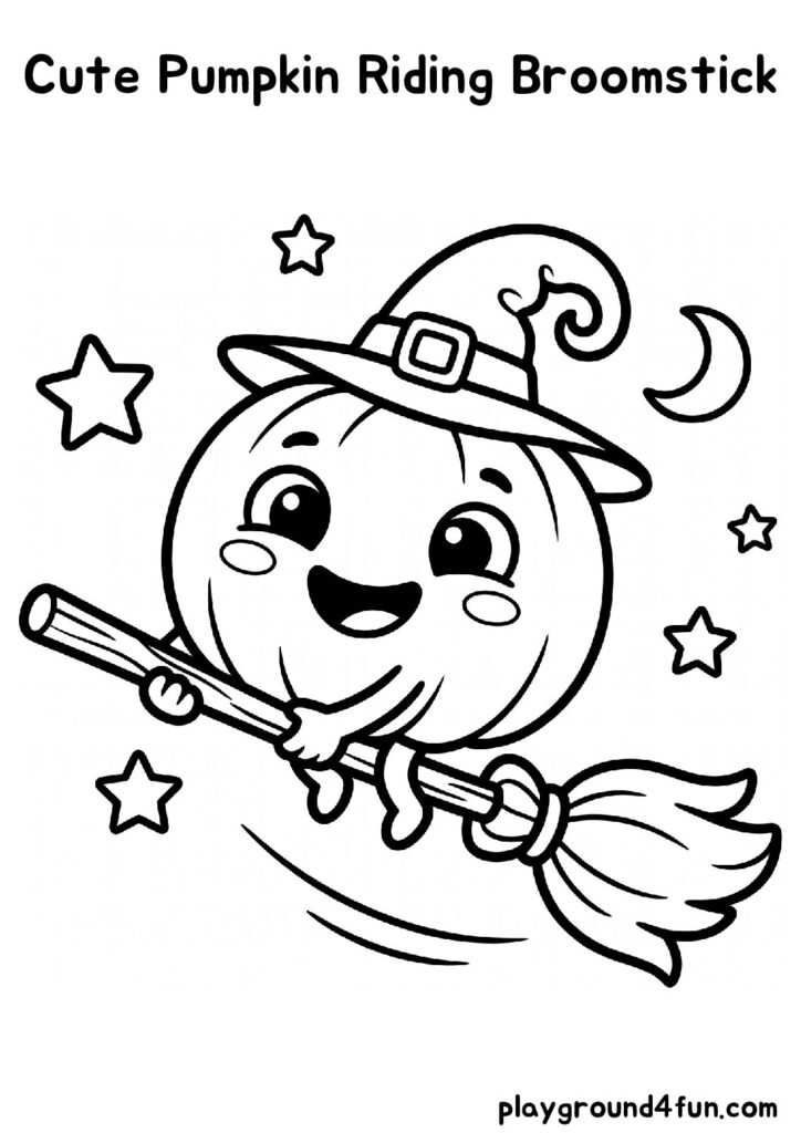 Cute Pumpkin Riding Broomstick Coloring Pages
