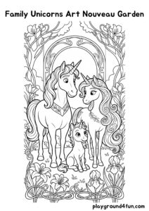 Coloring pages: Family Unicorns Art Nouveau Garden pdf