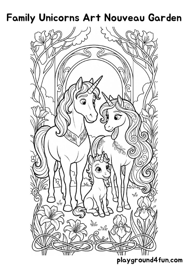 Family Unicorns Art Nouveau Garden Coloring Pages