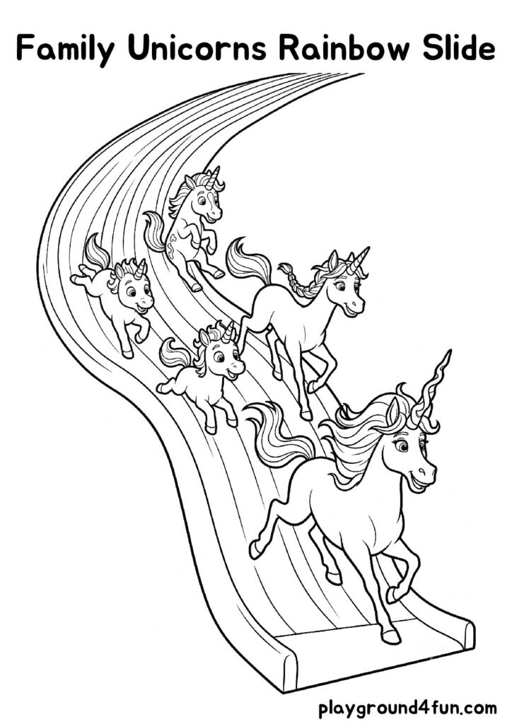 Family Unicorns Rainbow Slide Coloring Pages