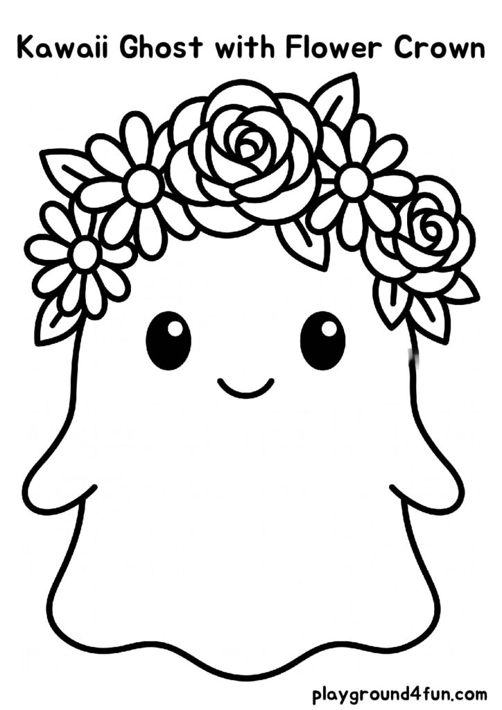 Kawaii Ghost with Flower Crown Coloring Pages