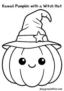 Coloring pages: Kawaii Pumpkin with a Witch Hat pdf