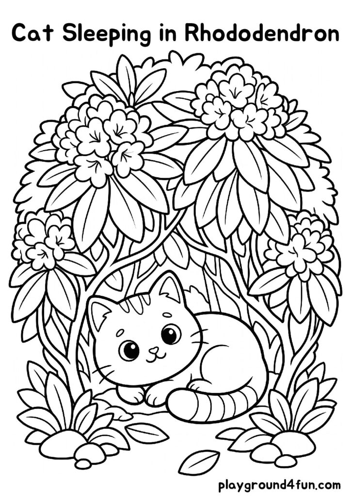 Cat Sleeping in Rhododendron Coloring Pages