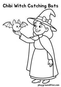 Coloring pages: Chibi Witch Catching Bats pdf
