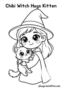 Coloring pages: Chibi Witch Hugs Kitten pdf