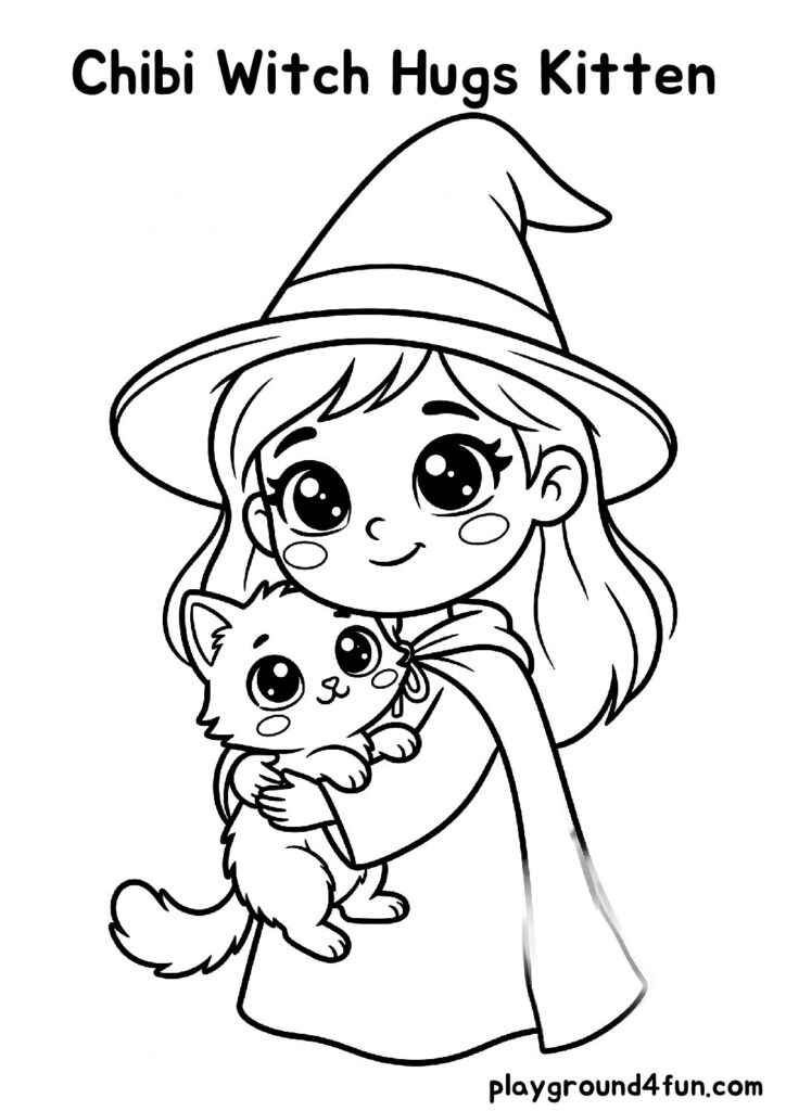 Chibi Witch Hugs Kitten Coloring Pages