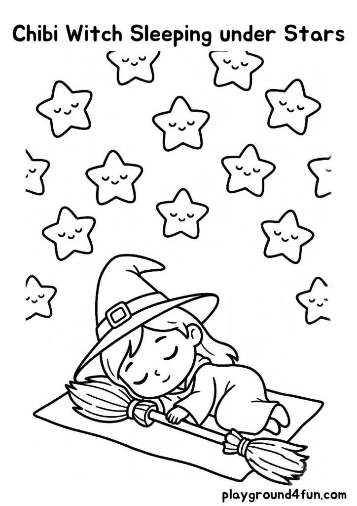 Chibi Witch Sleeping under Stars Coloring Pages