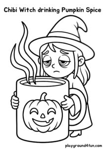 Coloring pages: Chibi Witch drinking Pumpkin Spice pdf