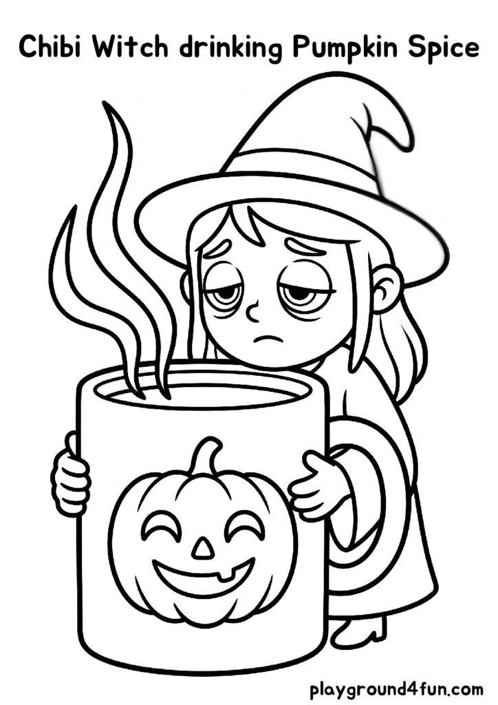 Chibi Witch drinking Pumpkin Spice Coloring Pages