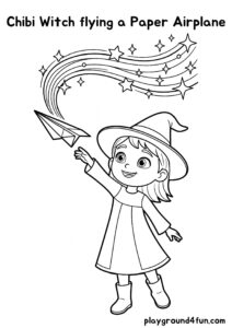 Coloring pages: Chibi Witch flying a Paper Airplane pdf