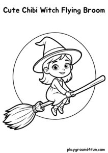 Coloring pages: Cute Chibi Witch Flying Broom pdf