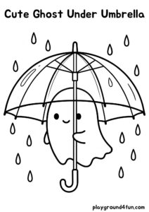 Coloring pages: Cute Ghost Under Umbrella pdf