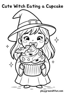 Coloring pages: Cute Witch Eating a Cupcake pdf