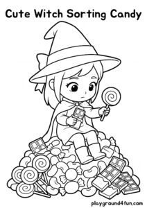 Coloring pages: Cute Witch Sorting Candy pdf