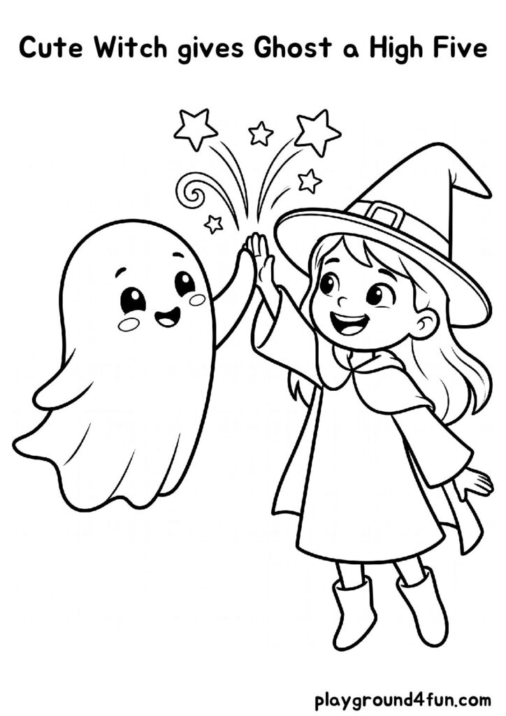 Cute Witch gives Ghost a High Five Coloring Pages