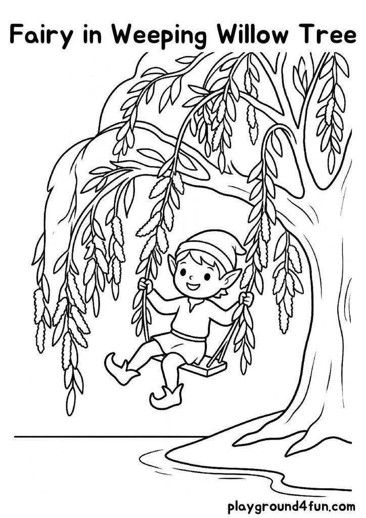 Fairy in Weeping Willow Tree Coloring Pages