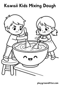 Coloring pages: Kawaii Kids Mixing Dough pdf