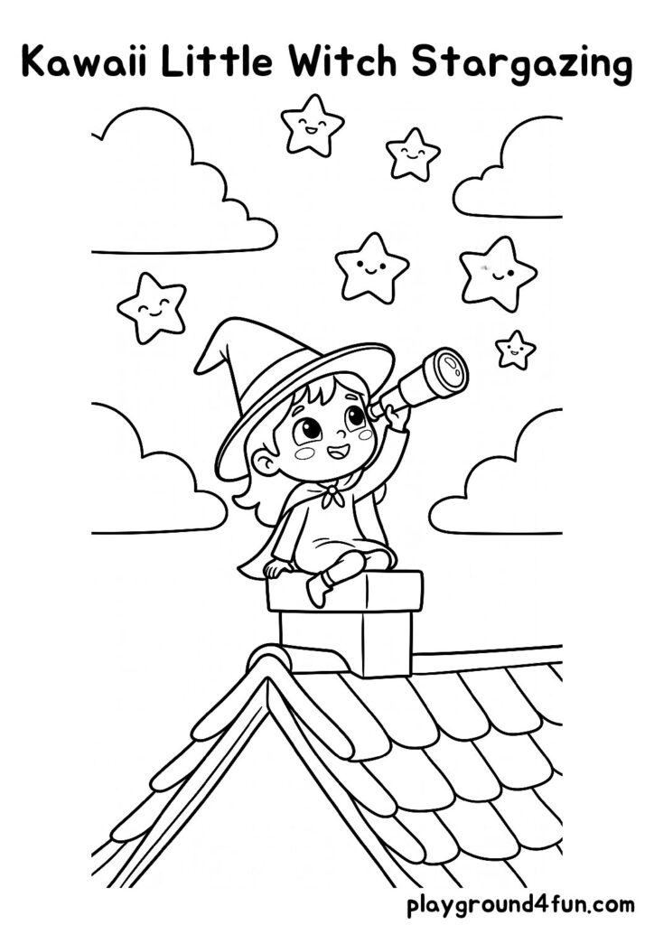 Kawaii Little Witch Stargazing Coloring Pages