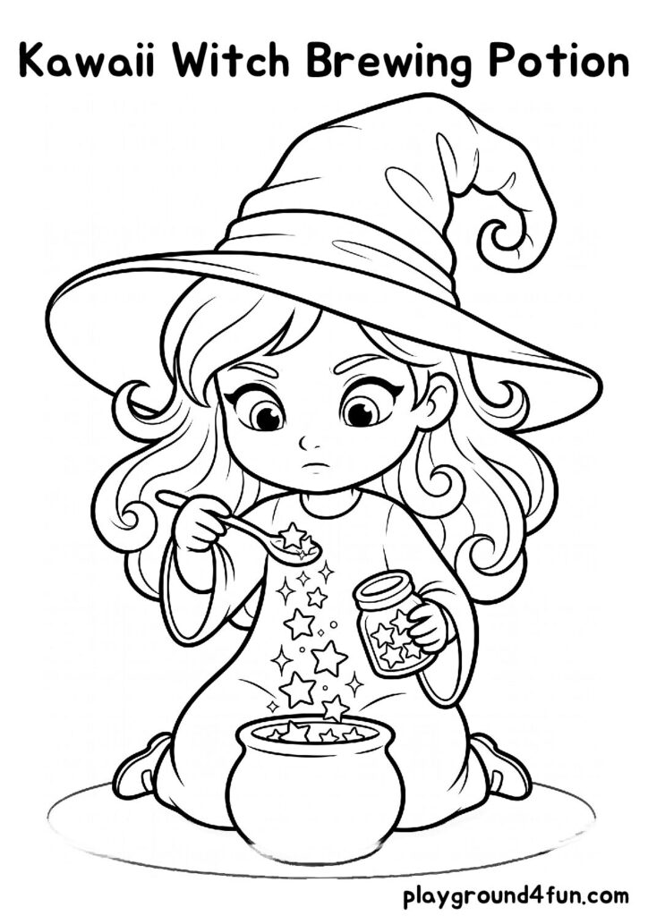 Kawaii Witch Brewing Potion Coloring Pages