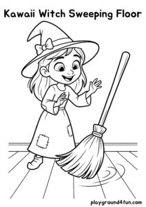 Coloring pages: Kawaii Witch Sweeping Floor pdf