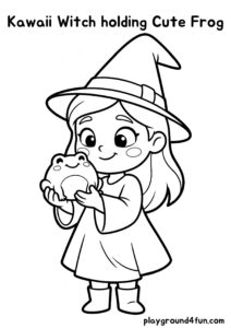 Coloring pages: Kawaii Witch holding Cute Frog pdf