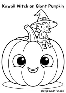 Coloring pages: Kawaii Witch on Giant Pumpkin pdf