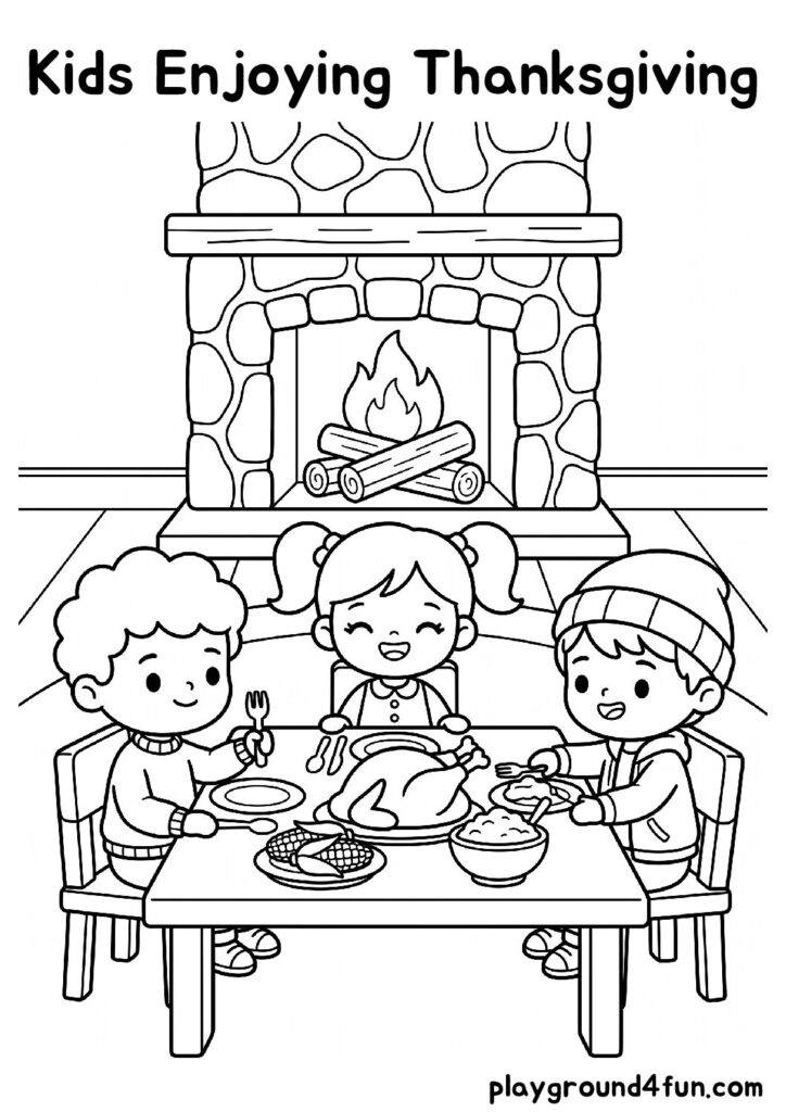 Kids Enjoying Thanksgiving Coloring Pages